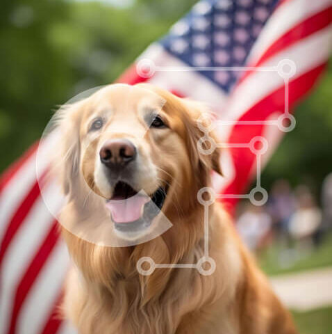 Intra Συλλεκτικό Ξύλινο Παζλ Plywood  4mm - Σκύλος Γκόλντεν Ριτρίβερ με αμερικανική σημαία και ανθρώπους Σε Ξύλινο Κουτί - Διαστάσεις: 10x10 cm – 25 κομμάτια - Image 1