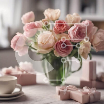 Intra Συλλεκτικό Ξύλινο Παζλ Plywood  4mm - Ροζ τριαντάφυλλα σε γυάλινο βάζο με κουτιά δώρου και φλιτζάνι καφέ Σε Ξύλινο Κουτί - Διαστάσεις: 10x10 cm – 25 κομμάτια - Image 1