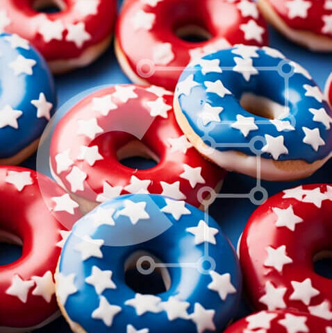 Intra Συλλεκτικό Ξύλινο Παζλ Plywood  4mm - Πατριωτικά ντόνατς με κόκκινα, λευκά και μπλε αστέρια σε μπλε φόντο Σε Ξύλινο Κουτί - Διαστάσεις: 10x10 cm – 25 κομμάτια - Image 1