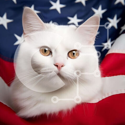 Intra Συλλεκτικό Ξύλινο Παζλ Plywood 4mm - Λευκή γάτα ενάντια στην αμερικανική σημαία Σε Ξύλινο Κουτί - Διαστάσεις: 10x10 cm – 25 κομμάτια - Image 1