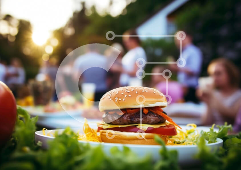 Intra Συλλεκτικό Ξύλινο Παζλ Plywood  4mm - Burger και άνθρωποι σε υπαίθρια συγκέντρωση Σε Ξύλινο Κουτί - Διαστάσεις: 10x10 cm – 25 κομμάτια