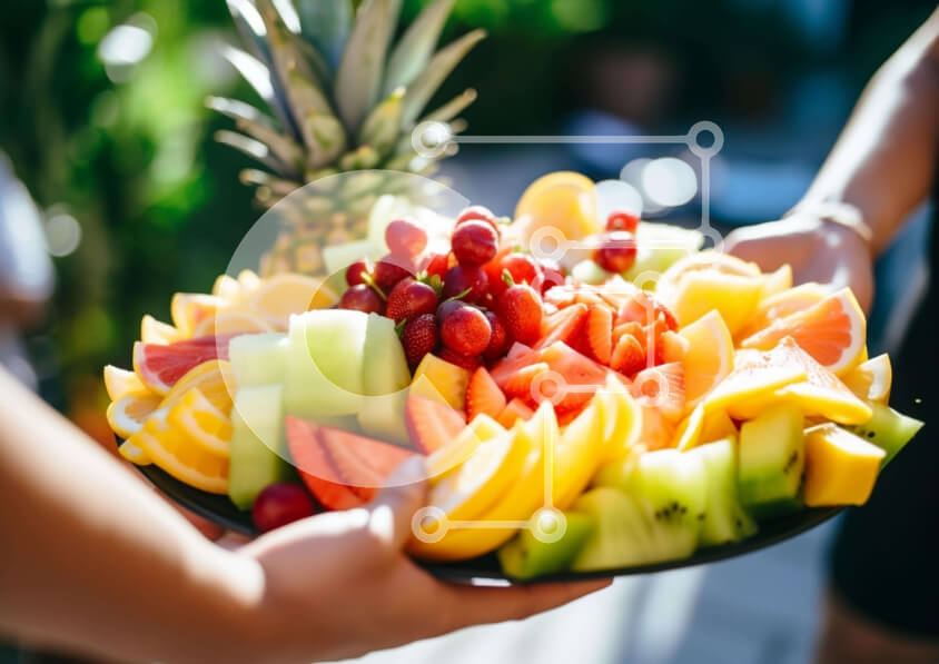 Intra Συλλεκτικό Ξύλινο Παζλ Plywood  4mm - Πιατέλα με φρέσκα φρούτα που κρατούν δύο άτομα Σε Ξύλινο Κουτί - Διαστάσεις: 10x10 cm – 25 κομμάτια