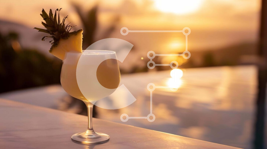 Intra Συλλεκτικό Ξύλινο Παζλ Plywood  4mm - Ποτήρι κρασί στο αίθριο με θέα στην πισίνα και το ηλιοβασίλεμα Σε Ξύλινο Κουτί - Διαστάσεις: 10x10 cm – 25 κομμάτια