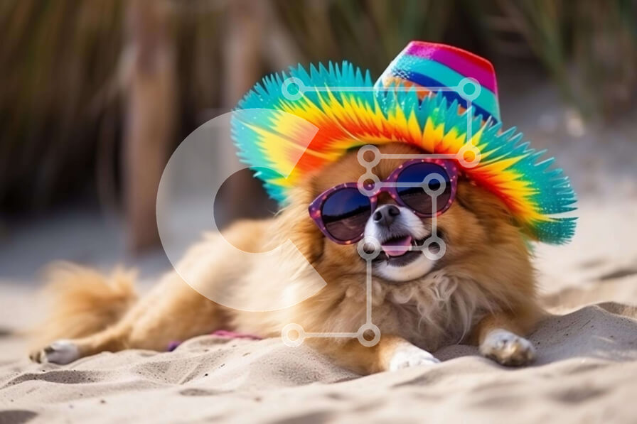 Intra Συλλεκτικό Ξύλινο Παζλ Plywood  4mm - Μικρό καφέ σκυλί με πολύχρωμα γυαλιά ηλίου και σομπρέρο στην παραλία Σε Ξύλινο Κουτί - Διαστάσεις: 10x10 cm – 25 κομμάτια