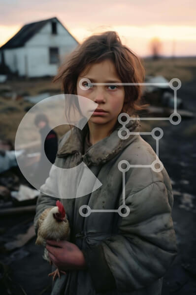 Intra Συλλεκτικό Ξύλινο Παζλ Plywood  4mm - Νεαρό κορίτσι και κοτόπουλο μπροστά από το εγκαταλελειμμένο σπίτι Σε Ξύλινο Κουτί - Διαστάσεις: 10x10 cm – 25 κομμάτια