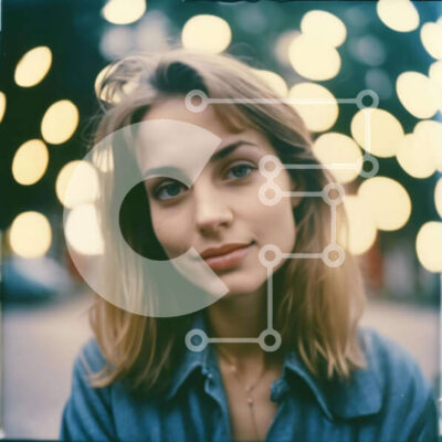 Intra Συλλεκτικό Ξύλινο Παζλ Plywood  4mm - Πανέμορφη νεαρή γυναίκα με μπλε μάτια μπροστά από πολύχρωμα φώτα Σε Ξύλινο Κουτί - Διαστάσεις: 10x10 cm – 25 κομμάτια - Image 1