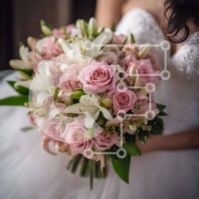 Intra Συλλεκτικό Ξύλινο Παζλ Plywood  4mm - Μπουκέτο κρατώντας νύφη με ροζ τριαντάφυλλα και λευκούς κρίνους Σε Ξύλινο Κουτί - Διαστάσεις: 10x10 cm – 25 κομμάτια - Image 1