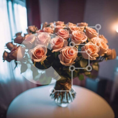 Intra Συλλεκτικό Ξύλινο Παζλ Plywood 4mm - Κομψό μπουκέτο με ροζ τριαντάφυλλα σε λευκό τραπέζι Σε Ξύλινο Κουτί - Διαστάσεις: 10x10 cm – 25 κομμάτια - Image 1