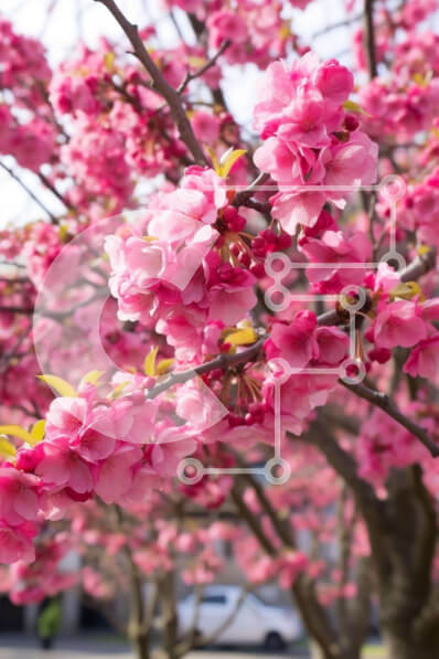 Intra Συλλεκτικό Ξύλινο Παζλ Plywood  4mm - Δέντρο με ροζ λουλούδια στην αστική περιοχή Σε Ξύλινο Κουτί - Διαστάσεις: 10x10 cm – 25 κομμάτια