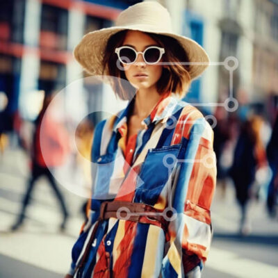 Intra Συλλεκτικό Ξύλινο Παζλ Plywood 4mm - Κομψή γυναίκα με πολύχρωμο φόρεμα και καπέλο που περπατά στο δρόμο Σε Ξύλινο Κουτί - Διαστάσεις: 10x10 cm – 25 κομμάτια - Image 1