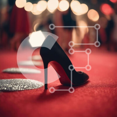 Intra Συλλεκτικό Ξύλινο Παζλ Plywood  4mm - Μαύρο ψηλοτάκουνο παπούτσι στο κόκκινο χαλί με ανθρώπους Σε Ξύλινο Κουτί - Διαστάσεις: 10x10 cm – 25 κομμάτια - Image 1