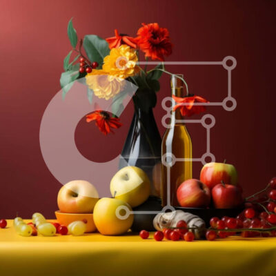 Intra Συλλεκτικό Ξύλινο Παζλ Plywood  4mm - Διάφορα φρούτα και μπουκάλι κρασιού σε κίτρινο φόντο Σε Ξύλινο Κουτί - Διαστάσεις: 10x10 cm – 25 κομμάτια - Image 1