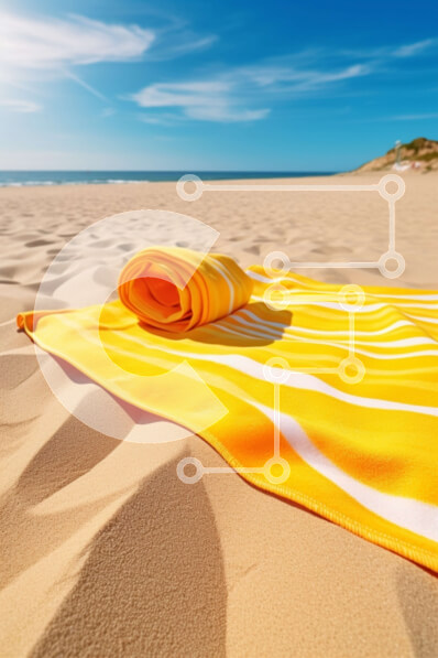 Intra Συλλεκτικό Ξύλινο Παζλ Plywood  4mm - Κίτρινη πετσέτα στην άμμο παραλίας κοντά στον ωκεανό Σε Ξύλινο Κουτί - Διαστάσεις: 10x10 cm – 25 κομμάτια