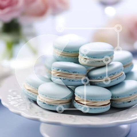 Intra Συλλεκτικό Ξύλινο Παζλ Plywood 4mm - Μπλε μακαρόν σε λευκό πιάτο με ροζ λουλούδια Σε Ξύλινο Κουτί - Διαστάσεις: 10x10 cm – 25 κομμάτια - Image 1