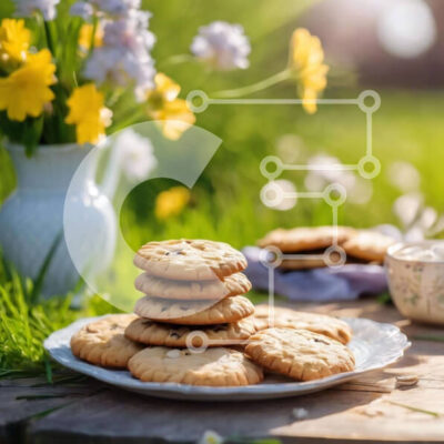 Intra Συλλεκτικό Ξύλινο Παζλ Plywood  4mm - Στοίβα από μπισκότα σε τραπέζι εξωτερικού χώρου με λουλούδια και φλιτζάνια Σε Ξύλινο Κουτί - Διαστάσεις: 10x10 cm – 25 κομμάτια - Image 1