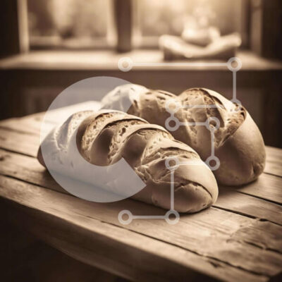 Intra Συλλεκτικό Ξύλινο Παζλ Plywood  4mm - Δύο καρβέλια φρεσκοψημένο ψωμί σε ένα ξύλινο τραπέζι Σε Ξύλινο Κουτί - Διαστάσεις: 10x10 cm – 25 κομμάτια - Image 1