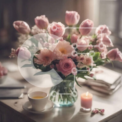 Intra Συλλεκτικό Ξύλινο Παζλ Plywood  4mm - Γυάλινο βάζο με ροζ τριαντάφυλλα και φλιτζάνια τσαγιού στο τραπέζι Σε Ξύλινο Κουτί - Διαστάσεις: 10x10 cm – 25 κομμάτια - Image 1