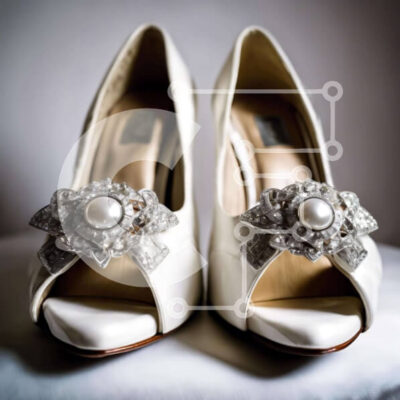 Intra Συλλεκτικό Ξύλινο Παζλ Plywood  4mm - Ζευγάρι λευκά ψηλοτάκουνα παπούτσια με πέρλες και διακοσμητικά Σε Ξύλινο Κουτί - Διαστάσεις: 10x10 cm – 25 κομμάτια - Image 1