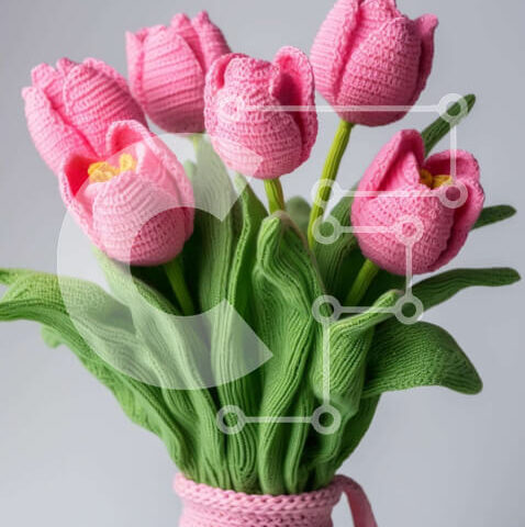 Intra Συλλεκτικό Ξύλινο Παζλ Plywood 4mm - Ροζ κροσέ βάζο με ροζ τουλίπες Σε Ξύλινο Κουτί - Διαστάσεις: 10x10 cm – 25 κομμάτια - Image 1