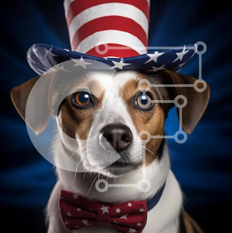 Intra Συλλεκτικό Ξύλινο Παζλ Plywood  4mm - Σκύλος με καπέλο αμερικανικής σημαίας και παπιγιόν Σε Ξύλινο Κουτί - Διαστάσεις: 10x10 cm – 25 κομμάτια - Image 1