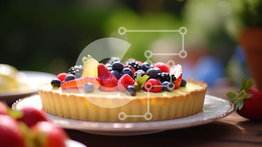 Intra Συλλεκτικό Ξύλινο Παζλ Plywood  4mm - Τάρτα γεμάτη φρούτα με φρέσκα μούρα σε τραπέζι εξωτερικού χώρου Σε Ξύλινο Κουτί - Διαστάσεις: 10x10 cm – 25 κομμάτια