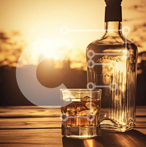 Intra Συλλεκτικό Ξύλινο Παζλ Plywood 4mm - Μπουκάλι ουίσκι και ποτήρι σε ξύλινο τραπέζι στο ηλιοβασίλεμα Σε Ξύλινο Κουτί - Διαστάσεις: 10x10 cm – 25 κομμάτια - Image 1