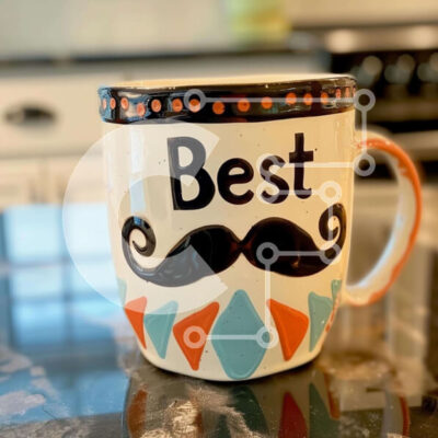 Intra Συλλεκτικό Ξύλινο Παζλ Plywood  4mm - Πολύχρωμη κούπα καφέ με μουστάκι και «Best» στον πορτοκαλί πάγκο Σε Ξύλινο Κουτί - Διαστάσεις: 10x10 cm – 25 κομμάτια - Image 1