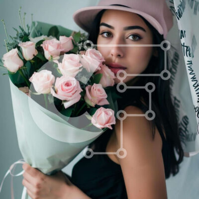 Intra Συλλεκτικό Ξύλινο Παζλ Plywood  4mm - Νεαρή γυναίκα που κρατά ροζ τριαντάφυλλα με αγάπη και λόγια γενεθλίων Σε Ξύλινο Κουτί - Διαστάσεις: 10x10 cm – 25 κομμάτια - Image 1