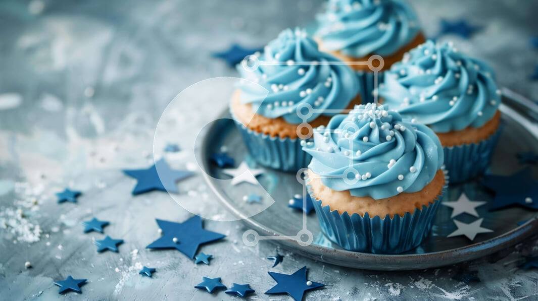 Intra Συλλεκτικό Ξύλινο Παζλ Plywood  4mm - Blue Frosted Cupcakes σε ασημένιο πιάτο με μπλε αστέρια Σε Ξύλινο Κουτί - Διαστάσεις: 10x10 cm – 25 κομμάτια