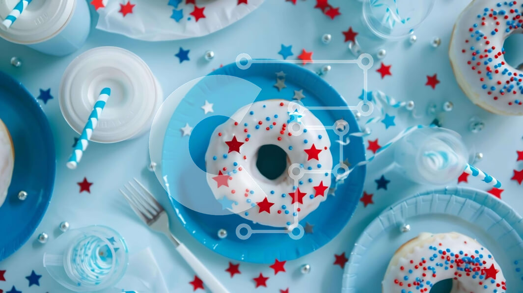 Intra Συλλεκτικό Ξύλινο Παζλ Plywood  4mm - Πατριωτικά ντόνατς σε μπλε πιάτα με κόκκινα, λευκά και μπλε αστέρια Σε Ξύλινο Κουτί - Διαστάσεις: 10x10 cm – 25 κομμάτια