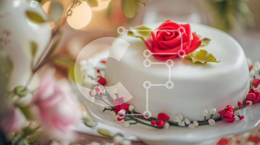 Intra Συλλεκτικό Ξύλινο Παζλ Plywood  4mm - Λευκό κέικ με κόκκινα τριαντάφυλλα και πρασινάδα Σε Ξύλινο Κουτί - Διαστάσεις: 10x10 cm – 25 κομμάτια