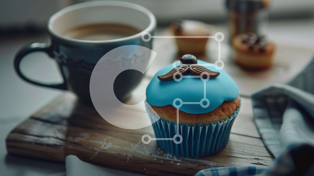 Intra Συλλεκτικό Ξύλινο Παζλ Plywood  4mm - Μπλε cupcake με διακόσμηση με μουστάκι και φλιτζάνια καφέ Σε Ξύλινο Κουτί - Διαστάσεις: 10x10 cm – 25 κομμάτια