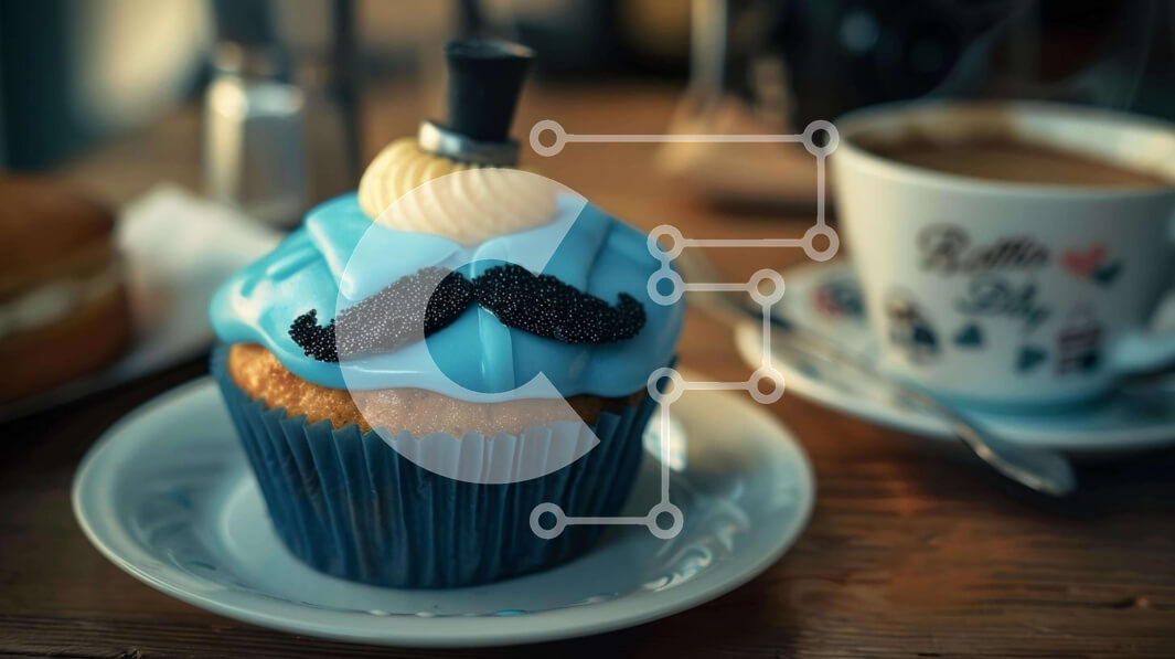 Intra Συλλεκτικό Ξύλινο Παζλ Plywood  4mm - Μπλε cupcake με διακόσμηση με μουστάκι και φλιτζάνι καφέ Σε Ξύλινο Κουτί - Διαστάσεις: 10x10 cm – 25 κομμάτια