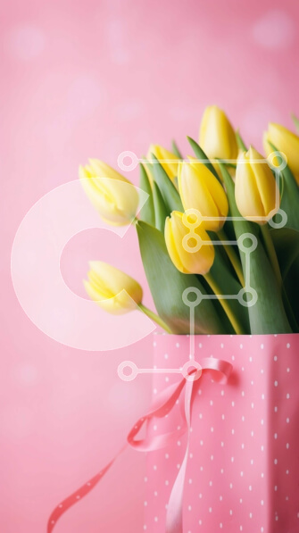 Intra Συλλεκτικό Ξύλινο Παζλ Plywood  4mm - Κίτρινες τουλίπες σε ροζ χάρτινη τσάντα με κορδέλες με πουά Σε Ξύλινο Κουτί - Διαστάσεις: 10x10 cm – 25 κομμάτια