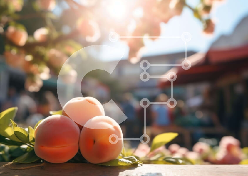 Intra Συλλεκτικό Ξύλινο Παζλ Plywood  4mm - Φρέσκα ροδάκινα σε μια υπαίθρια αγορά Σε Ξύλινο Κουτί - Διαστάσεις: 10x10 cm – 25 κομμάτια