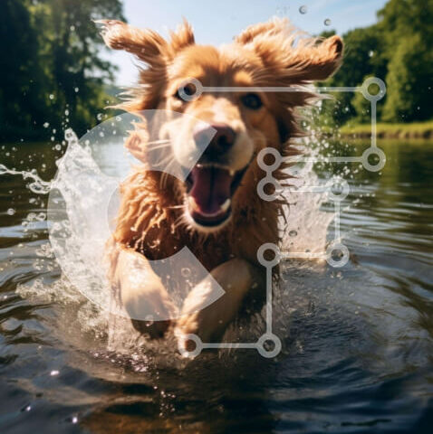 Intra Συλλεκτικό Ξύλινο Παζλ Plywood  4mm - Χαρούμενο χρυσό σκυλί που πιτσιλίζει στο νερό Σε Ξύλινο Κουτί - Διαστάσεις: 10x10 cm – 25 κομμάτια - Image 1