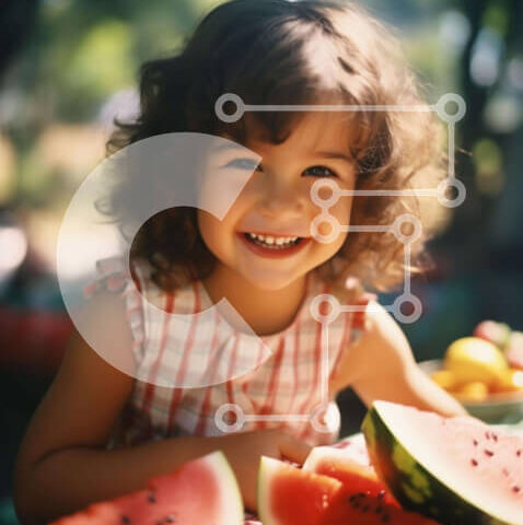 Intra Συλλεκτικό Ξύλινο Παζλ Plywood  4mm - Νεαρό κορίτσι που απολαμβάνει τα φρούτα Σε Ξύλινο Κουτί - Διαστάσεις: 10x10 cm – 25 κομμάτια - Image 1