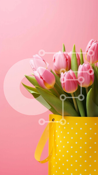 Intra Συλλεκτικό Ξύλινο Παζλ Plywood  4mm - Κίτρινη χάρτινη τσάντα με ροζ τουλίπες σε ροζ φόντο Σε Ξύλινο Κουτί - Διαστάσεις: 10x10 cm – 25 κομμάτια