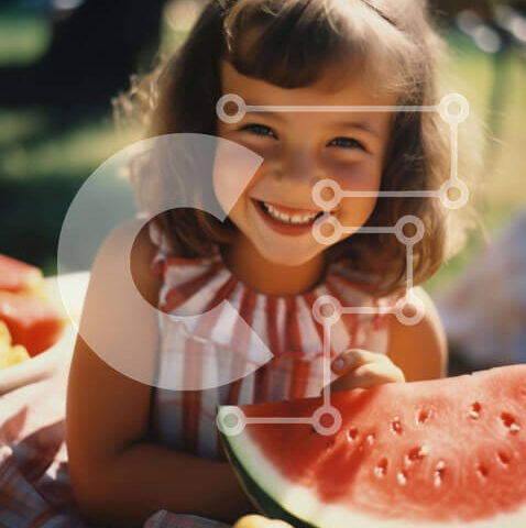 Intra Συλλεκτικό Ξύλινο Παζλ Plywood 4mm - Νεαρό κορίτσι που απολαμβάνει το καρπούζι στο τραπέζι πικνίκ Σε Ξύλινο Κουτί - Διαστάσεις: 10x10 cm – 25 κομμάτια - Image 1