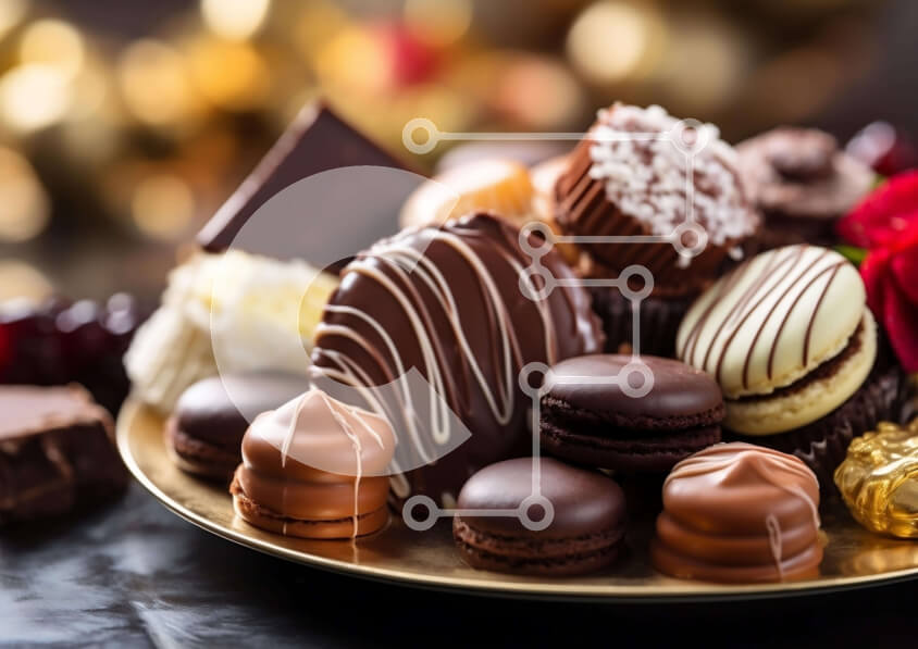 Intra Συλλεκτικό Ξύλινο Παζλ Plywood  4mm - Ανάμικτες σοκολάτες και αμυγδαλωτά σε ένα χρυσό πιάτο με κόκκινα τριαντάφυλλα Σε Ξύλινο Κουτί - Διαστάσεις: 10x10 cm – 25 κομμάτια