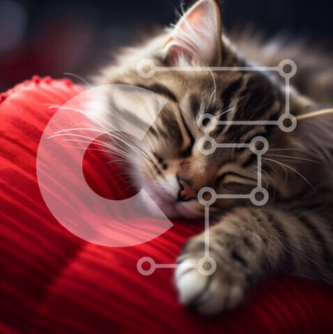 Intra Συλλεκτικό Ξύλινο Παζλ Plywood  4mm - Γάτα που κοιμάται σε πορτοκαλί και κόκκινο μαξιλάρι Σε Ξύλινο Κουτί - Διαστάσεις: 10x10 cm – 25 κομμάτια - Image 1