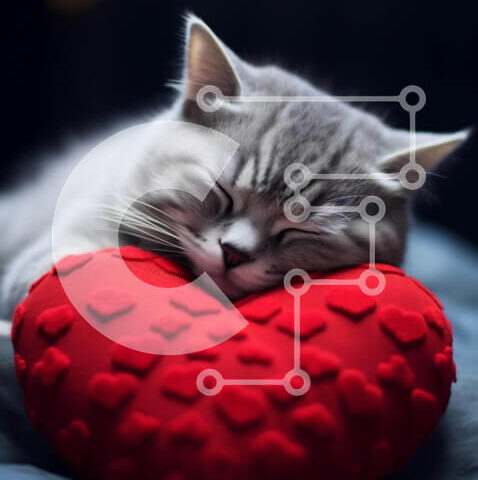 Intra Συλλεκτικό Ξύλινο Παζλ Plywood  4mm - Γκρίζα γάτα που κοιμάται σε κόκκινο μαξιλάρι σε σχήμα καρδιάς Σε Ξύλινο Κουτί - Διαστάσεις: 10x10 cm – 25 κομμάτια - Image 1