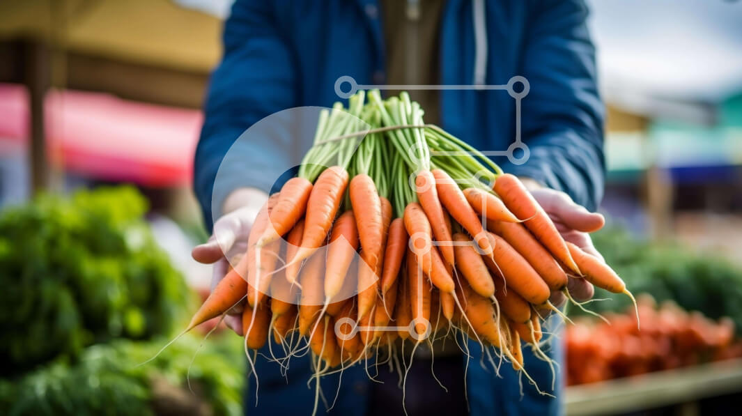 Intra Συλλεκτικό Ξύλινο Παζλ Plywood  4mm - Άτομο που κρατά φρέσκα καρότα σε μια υπαίθρια αγορά Σε Ξύλινο Κουτί - Διαστάσεις: 10x10 cm – 25 κομμάτια