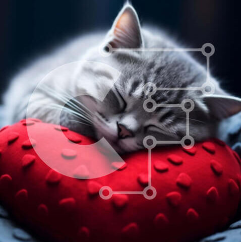 Intra Συλλεκτικό Ξύλινο Παζλ Plywood  4mm - Γκρίζα γάτα που κοιμάται σε κόκκινο μαξιλάρι σε σχήμα καρδιάς Σε Ξύλινο Κουτί - Διαστάσεις: 10x10 cm – 25 κομμάτια - Image 1