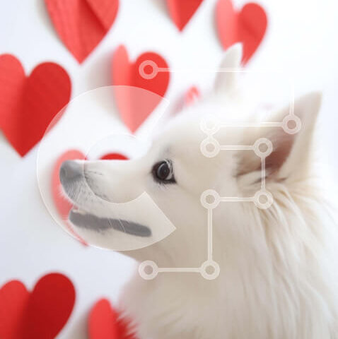 Intra Συλλεκτικό Ξύλινο Παζλ Plywood  4mm - Λευκός σκύλος που κοιτάζει κόκκινα χάρτινα κοψίματα σε σχήμα καρδιάς Σε Ξύλινο Κουτί - Διαστάσεις: 10x10 cm – 25 κομμάτια - Image 1