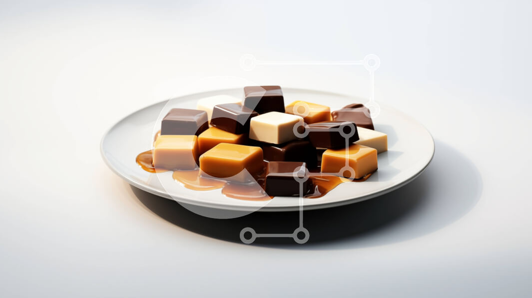 Intra Συλλεκτικό Ξύλινο Παζλ Plywood  4mm - Λαχταριστοί κύβοι σοκολάτας με σάλτσα καραμέλας σε λευκό πιάτο Σε Ξύλινο Κουτί - Διαστάσεις: 10x10 cm – 25 κομμάτια