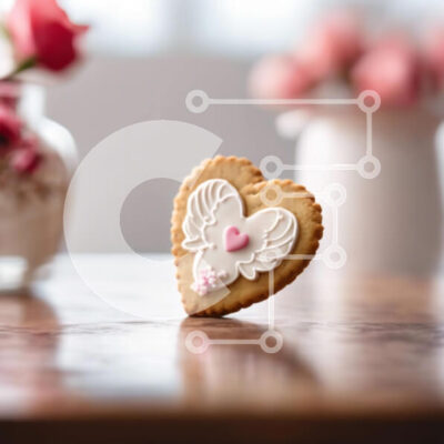 Intra Συλλεκτικό Ξύλινο Παζλ Plywood 4mm - Μπισκότο σε σχήμα καρδιάς με ροζ τριαντάφυλλα σε δρύινο ξύλινο τραπέζι Σε Ξύλινο Κουτί - Διαστάσεις: 10x10 cm – 25 κομμάτια - Image 1