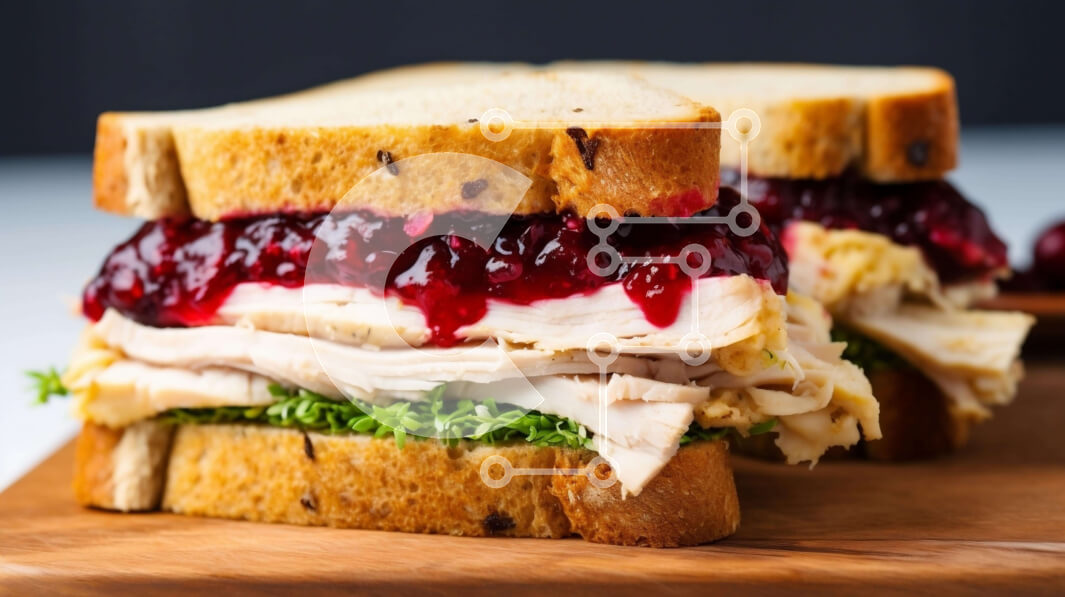 Intra Συλλεκτικό Ξύλινο Παζλ Plywood  4mm - Σάντουιτς γαλοπούλας με σάλτσα κράνμπερι σε ξύλινο ξύλο κοπής Σε Ξύλινο Κουτί - Διαστάσεις: 10x10 cm – 25 κομμάτια