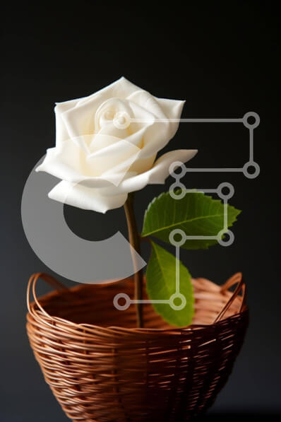 Intra Συλλεκτικό Ξύλινο Παζλ Plywood  4mm - Όμορφο λευκό τριαντάφυλλο σε ένα ψάθινο καλάθι Σε Ξύλινο Κουτί - Διαστάσεις: 10x10 cm – 25 κομμάτια