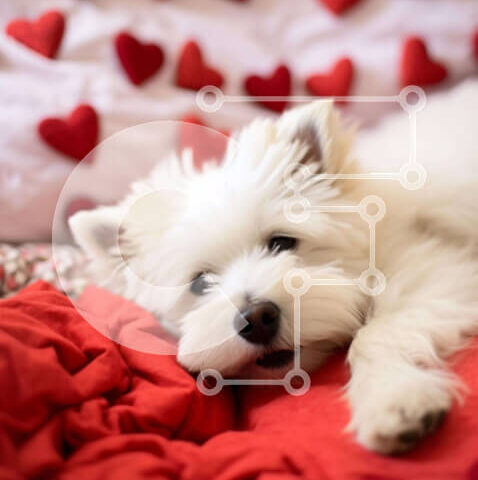 Intra Συλλεκτικό Ξύλινο Παζλ Plywood  4mm - Μικρό λευκό σκυλί στο κρεβάτι με κόκκινες καρδιές Σε Ξύλινο Κουτί - Διαστάσεις: 10x10 cm – 25 κομμάτια - Image 1